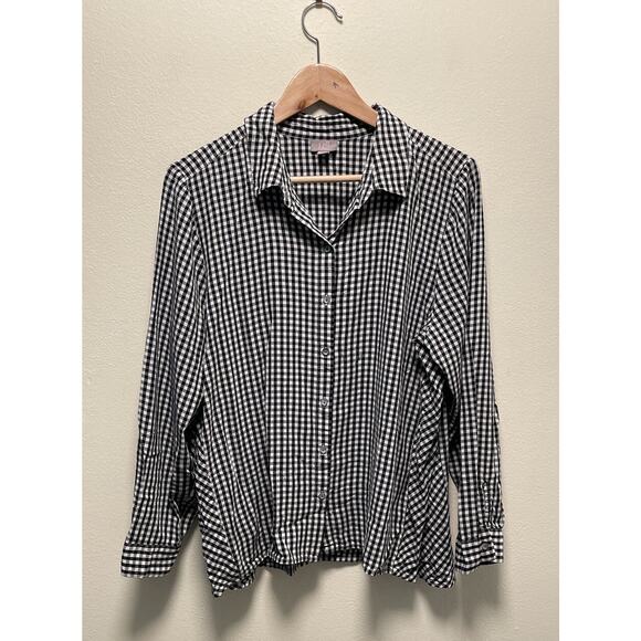 J. Jill Womens Top XL Black Rayon Gingham Long Sleeve Button Up Cottagecore FLAW - Picture 1 of 8